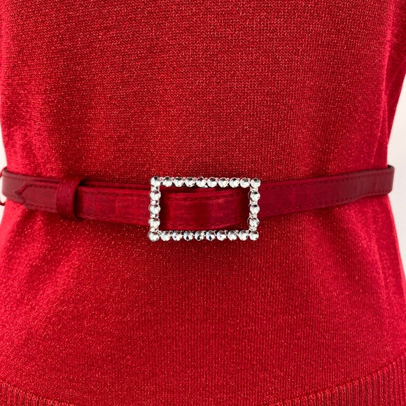 Metallic Red Turtleneck Flutter Sleeve Belted Top - Picture 4 of 8